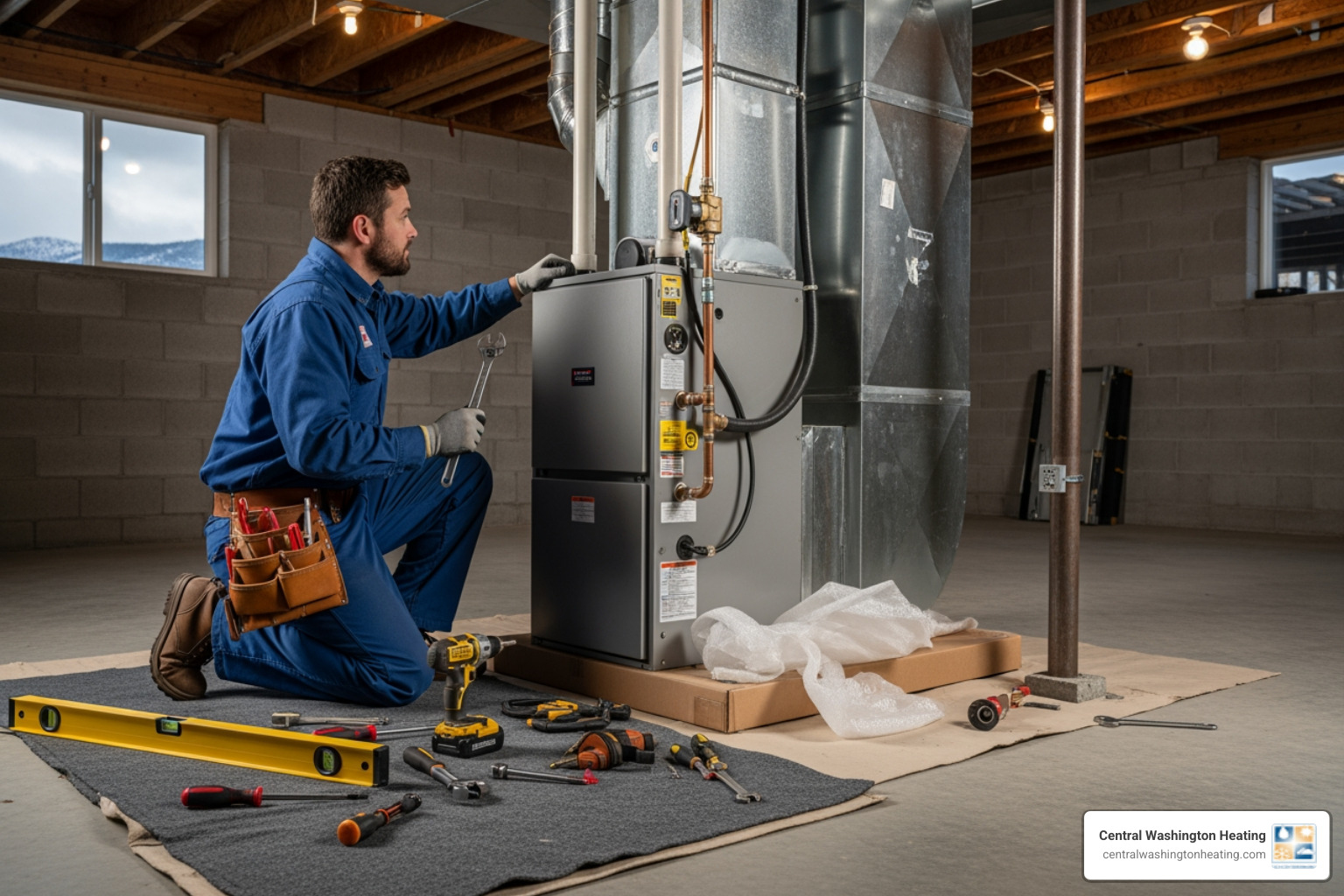 Infographic showing the critical steps during a furnace emergency: Step 1 - Check thermostat settings and ensure it's set to heat mode above current temperature; Step 2 - Verify circuit breaker hasn't tripped and power is reaching the furnace; Step 3 - If gas smell is present or carbon monoxide alarm sounds, evacuate immediately and call 911; Step 4 - For complete system failure in freezing weather, contact emergency HVAC service; Step 5 - Turn off furnace at breaker if unusual noises, burning smells, or visible damage present; Step 6 - Keep family warm with safe space heaters and layered clothing while waiting for technician arrival - emergency furnace installation in east wenatchee, wa