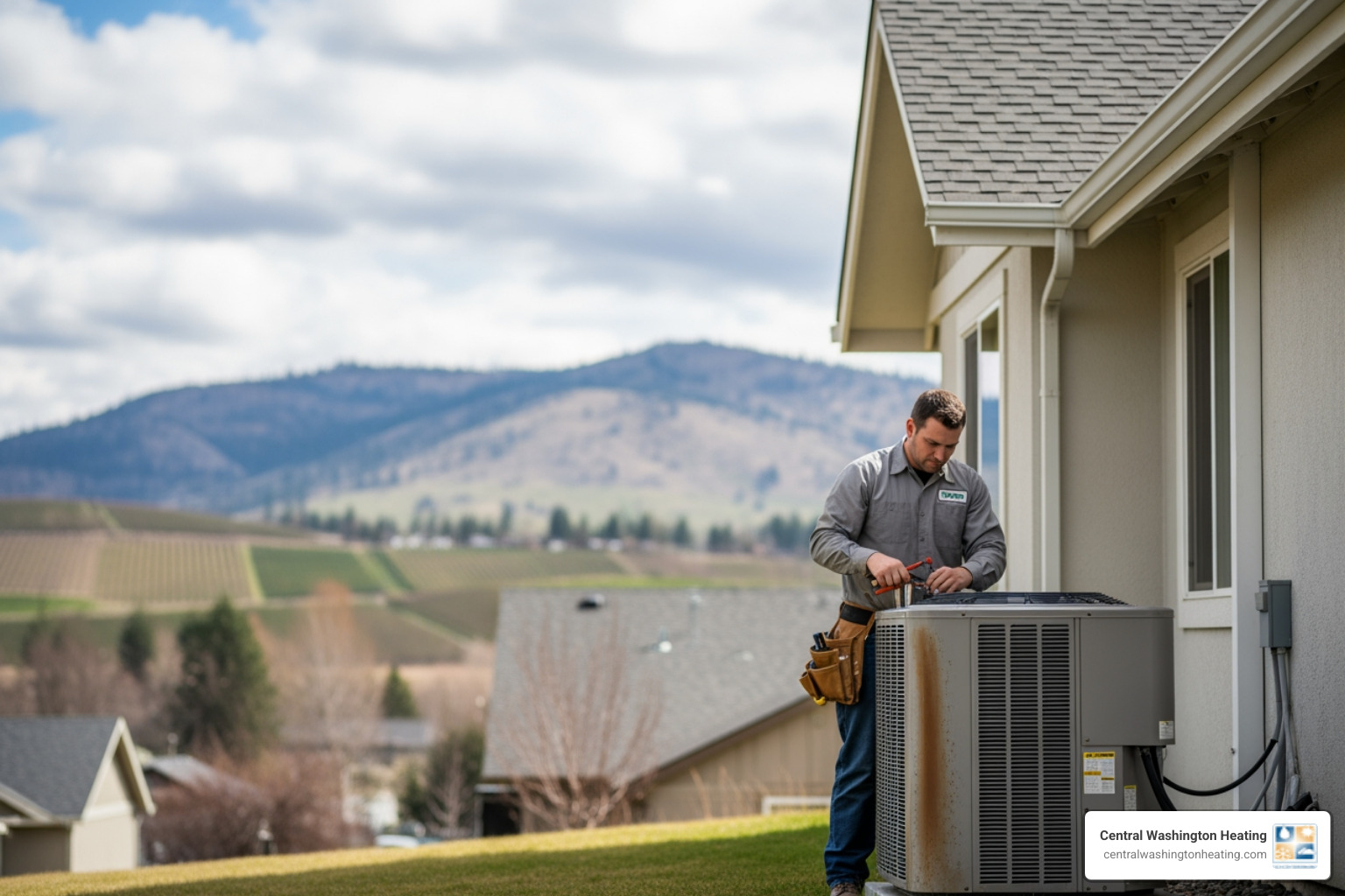 infographic showing the heating and cooling cycle of a heat pump with arrows indicating heat transfer from outdoor unit to indoor unit in winter and reverse flow in summer, including key components like compressor, refrigerant, and air handler - best heat pump repair in wenatchee, wa