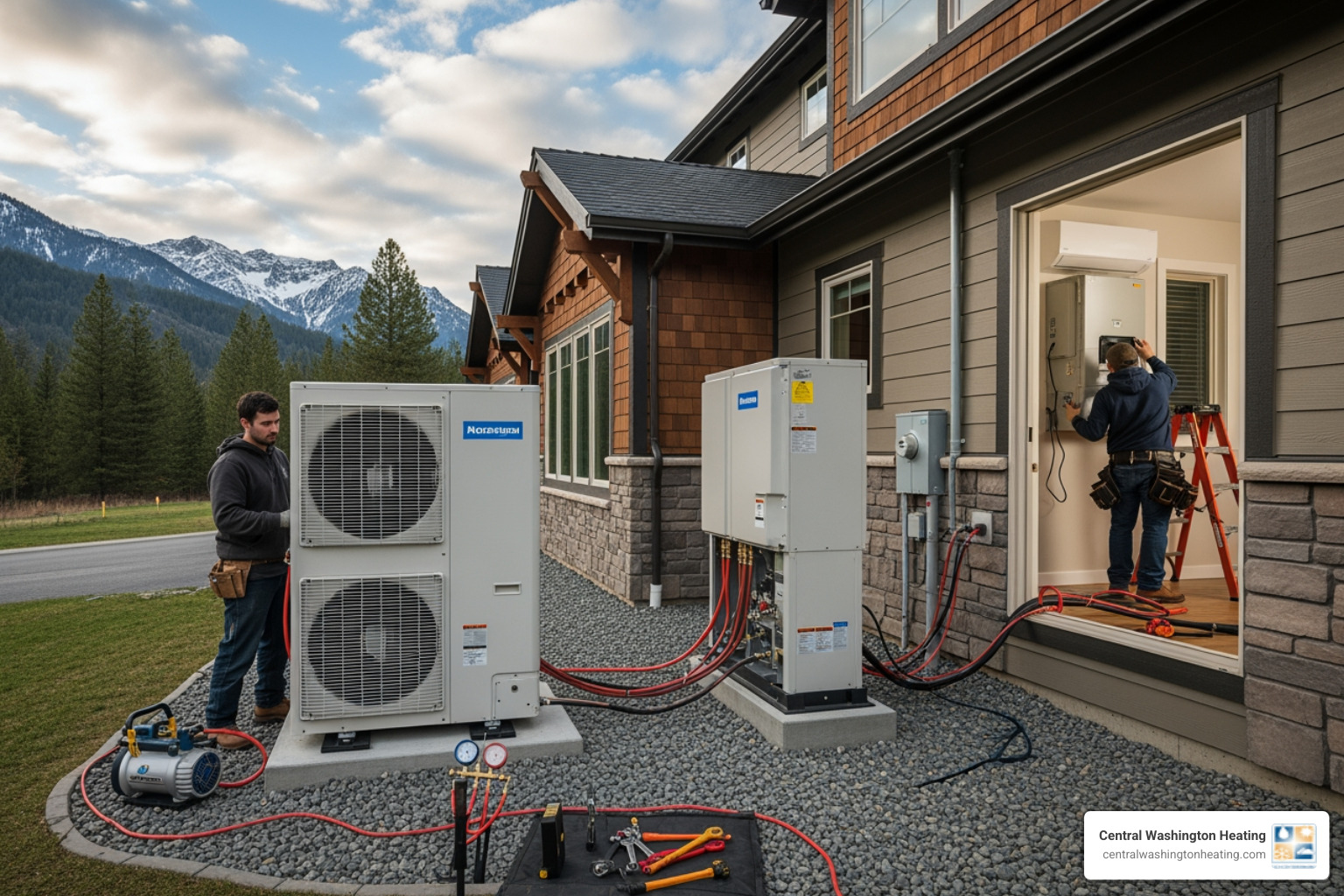 Infographic showing heat pump operation in both heating and cooling modes, with arrows indicating heat transfer from outdoors to indoors in winter and reverse in summer, including energy savings of 30-50% compared to traditional HVAC systems - heat pump installation near me in leavenworth, wa