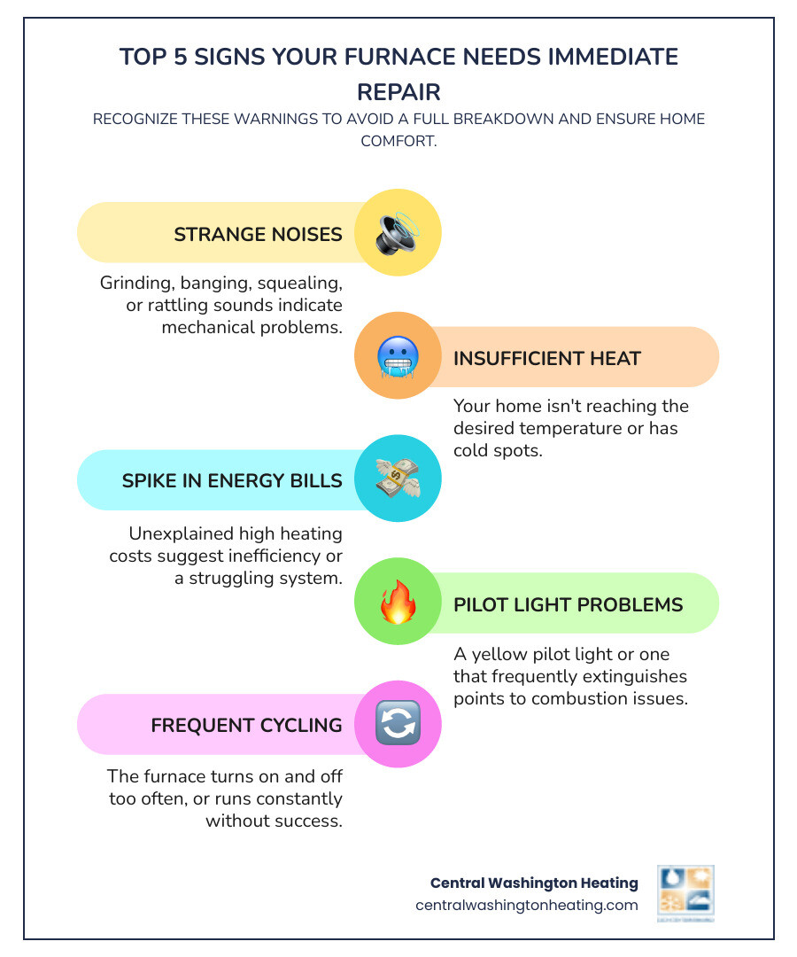 Infographic explaining the top 5 signs your furnace needs immediate repair - furnace repair near me in cashmere, wa infographic infographic-line-5-steps-colors Infographic explaining the top 5 signs your furnace needs immediate repair - furnace repair near me in cashmere, wa infographic infographic-line-5-steps-colors
