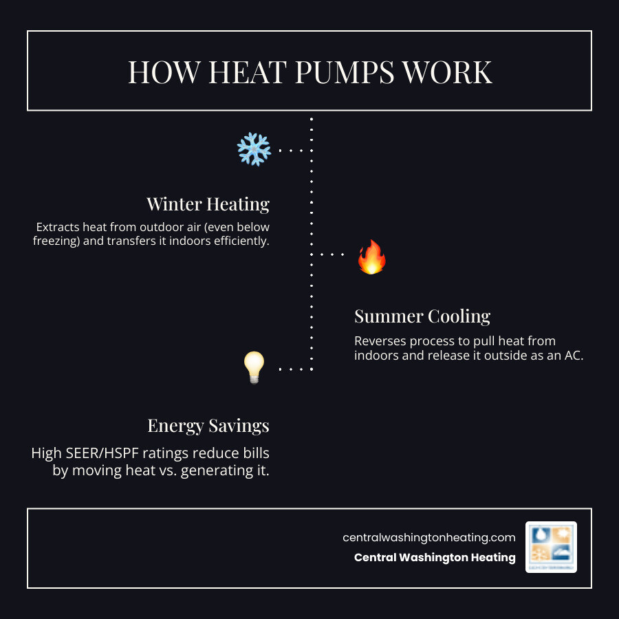 Infographic showing how heat pump systems transfer heat from outdoor air or ground into your home during winter and reverse the process in summer, highlighting energy efficiency ratings like SEER and HSPF, types of systems including air-source and ductless mini-split, and the professional installation process from consultation to post-installation support - heat pump installation company in orondo, wa infographic infographic-line-3-steps-dark