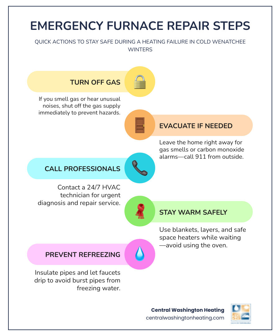 infographic showing emergency furnace repair steps including turning off gas, evacuating if needed, calling professionals, and keeping family warm - emergency furnace repair in wenatchee, wa infographic infographic-line-5-steps-colors