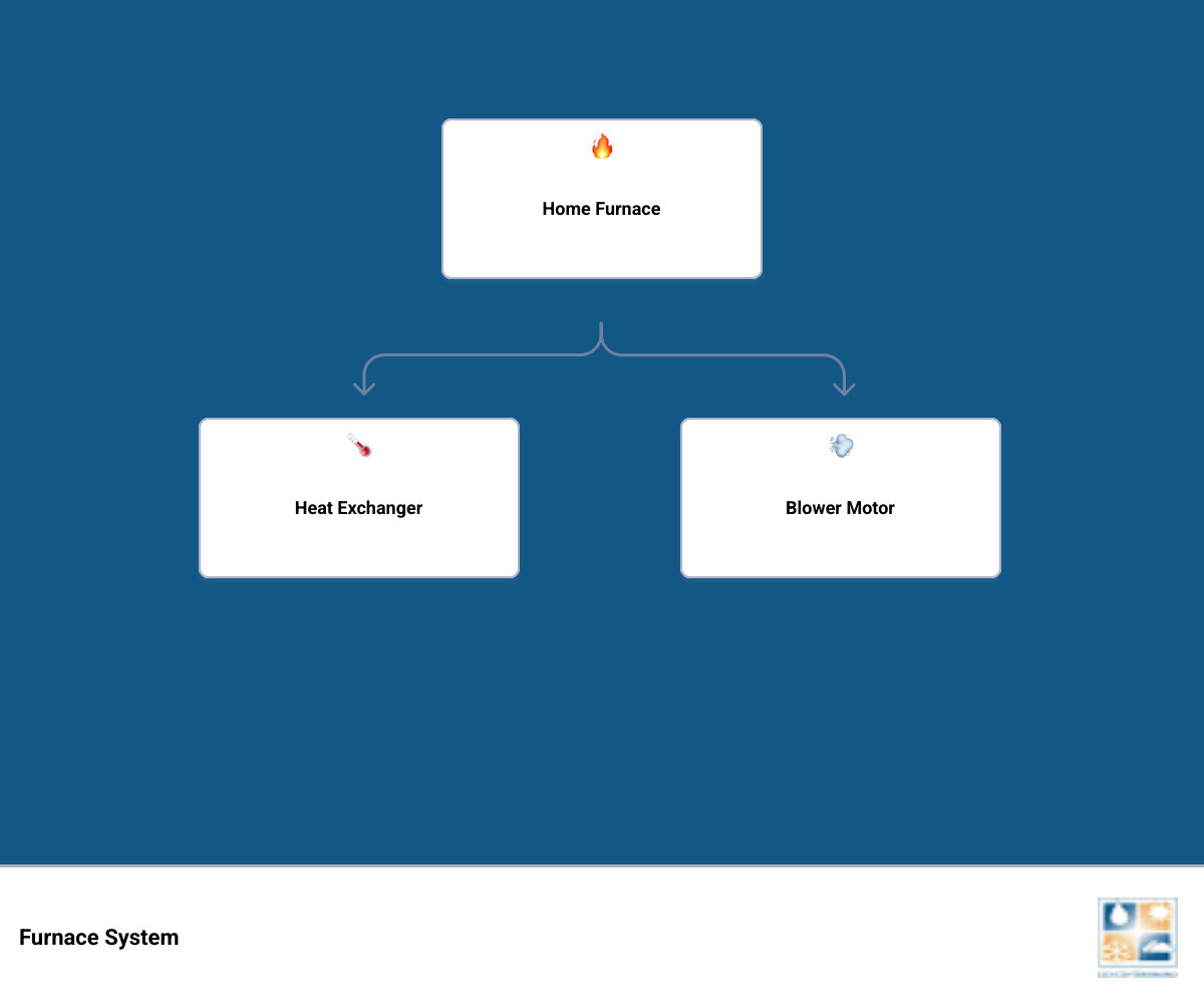 Infographic showing a labeled cross-section of a home furnace system including the heat exchanger, blower motor, burner, air filter, flue pipe, and thermostat connection, with arrows illustrating airflow direction from cold air intake through heating to warm air distribution throughout the home, alongside a sidebar listing the top 5 warning signs a furnace needs repair and 3 immediate steps to take in an emergency - home furnace repair in dryden, wa infographic hierarchy Infographic showing a labeled cross-section of a home furnace system including the heat exchanger, blower motor, burner, air filter, flue pipe, and thermostat connection, with arrows illustrating airflow direction from cold air intake through heating to warm air distribution throughout the home, alongside a sidebar listing the top 5 warning signs a furnace needs repair and 3 immediate steps to take in an emergency - home furnace repair in dryden, wa infographic hierarchy
