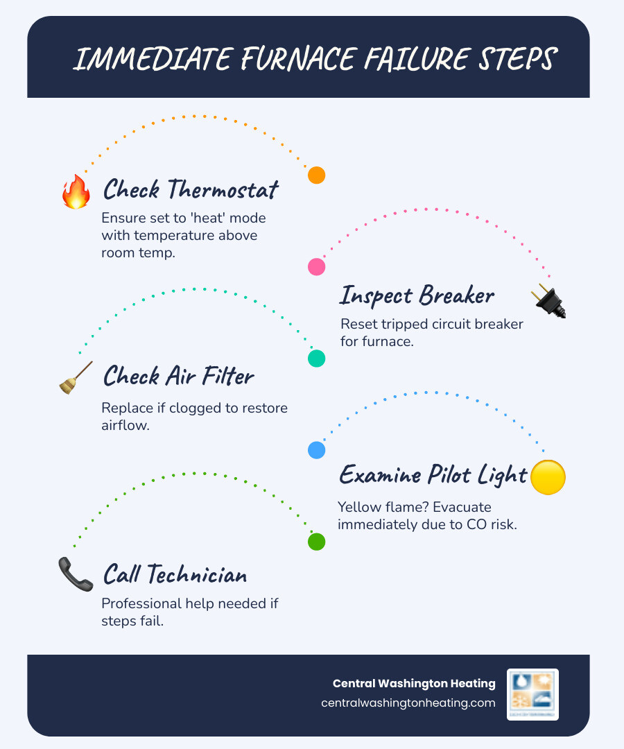 Infographic showing immediate steps to take when a furnace stops working in Dryden WA winter - furnace repair service in