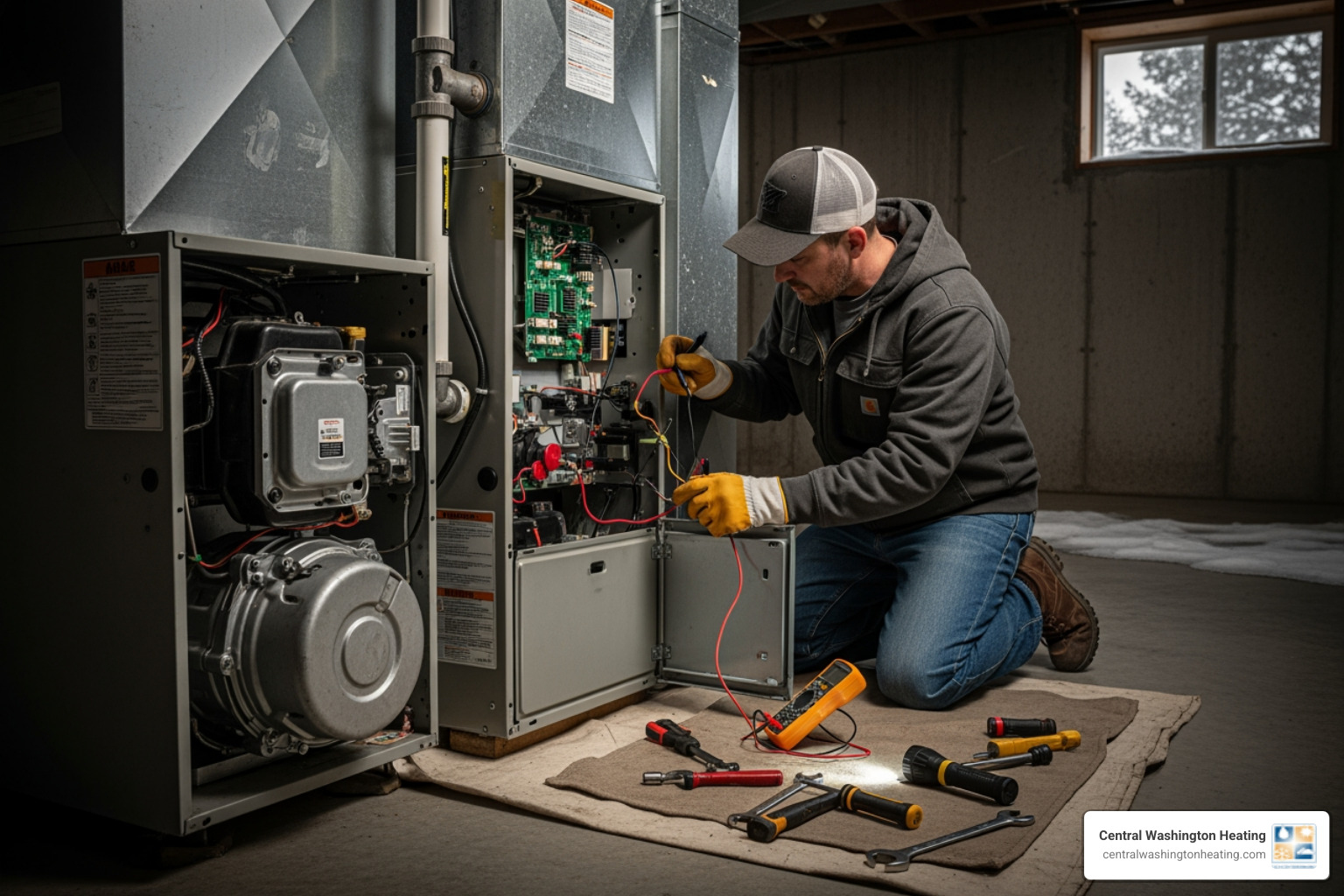 infographic showing five warning signs a furnace needs immediate repair: unusual noises, inconsistent heating, rising energy costs, yellow pilot light, and poor indoor air quality with icons for each - home furnace repair in cashmere, wa