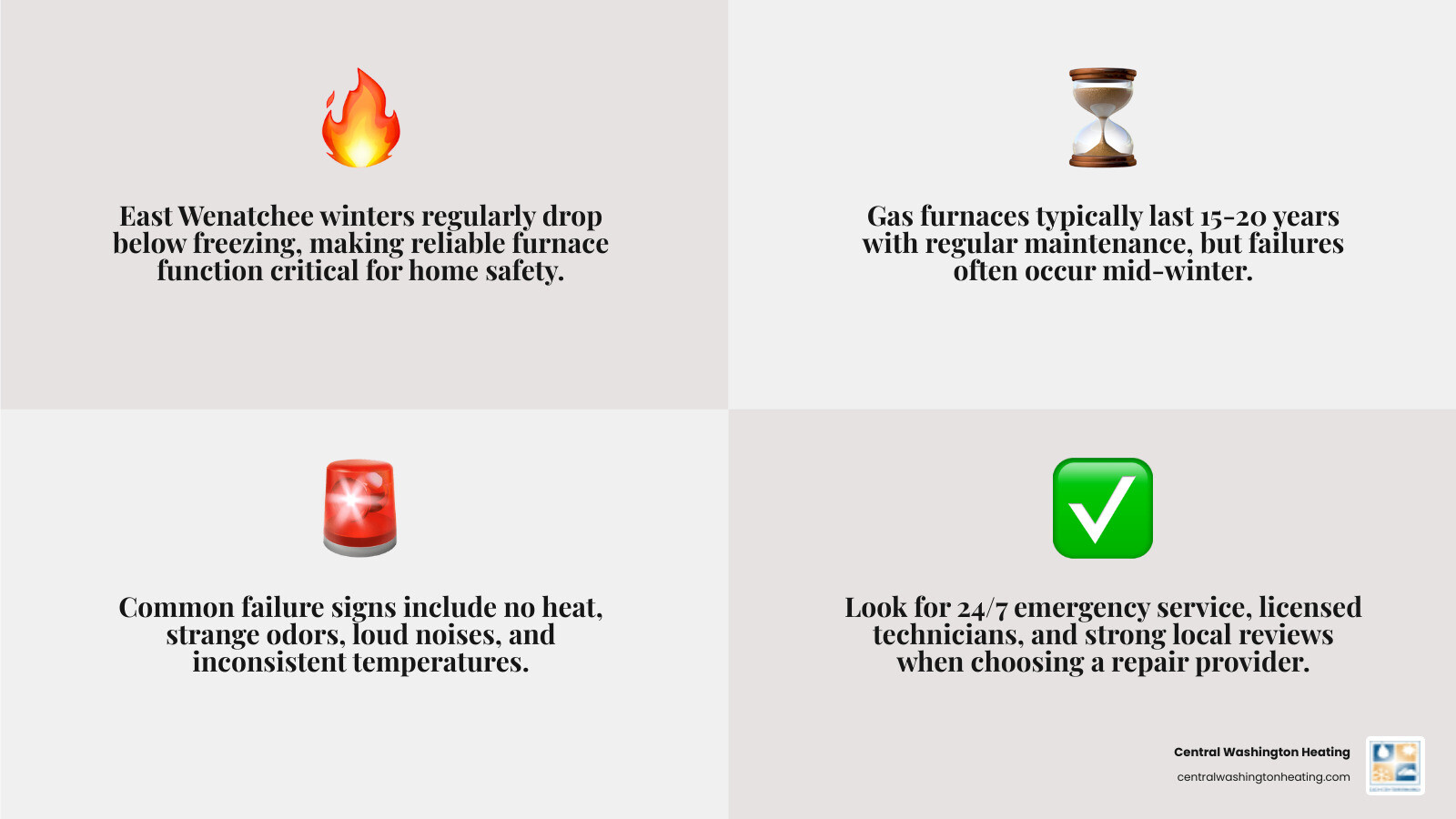 Infographic showing top signs you need furnace repair, average furnace lifespan, and what to look for in an East Wenatchee Infographic showing top signs you need furnace repair, average furnace lifespan, and what to look for in an East Wenatchee