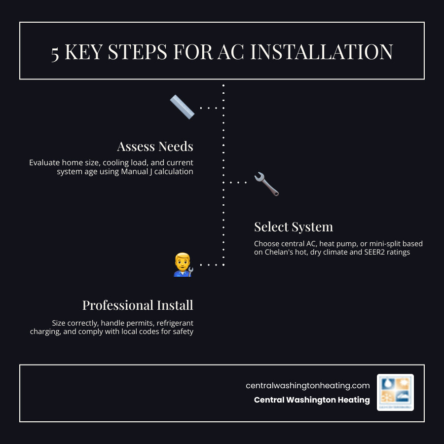 Infographic showing 5 key steps for AC installation in Chelan WA and benefits of upgrading to a high-efficiency system - ac Infographic showing 5 key steps for AC installation in Chelan WA and benefits of upgrading to a high-efficiency system - ac