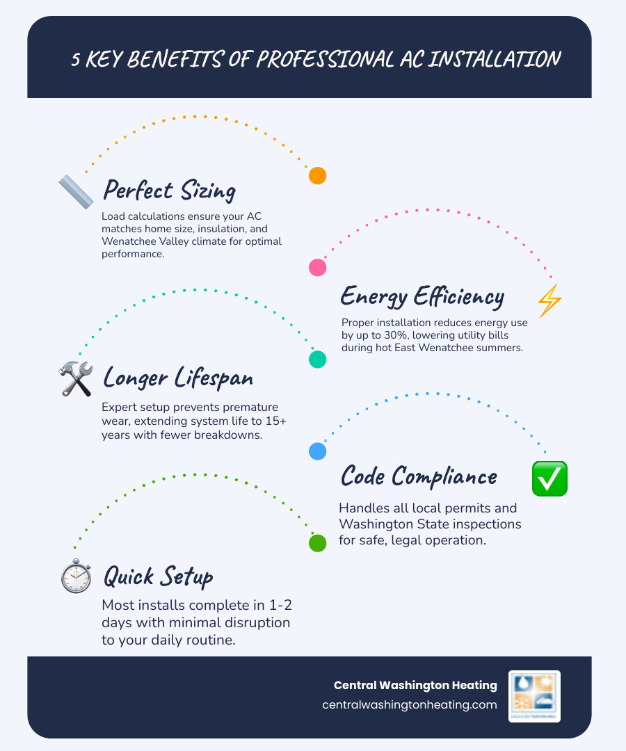 Infographic showing key steps and benefits of professional AC installation in East Wenatchee WA - ac installation in east