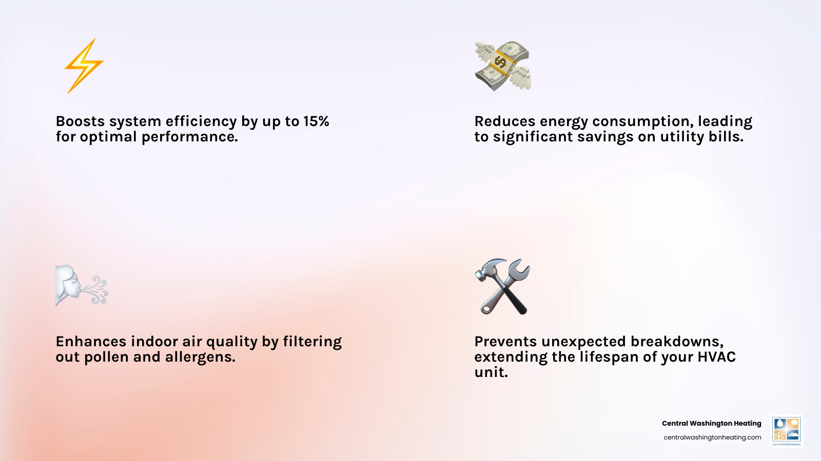 Infographic showing spring HVAC tune-up benefits: improved efficiency, lower energy bills, better air quality, fewer