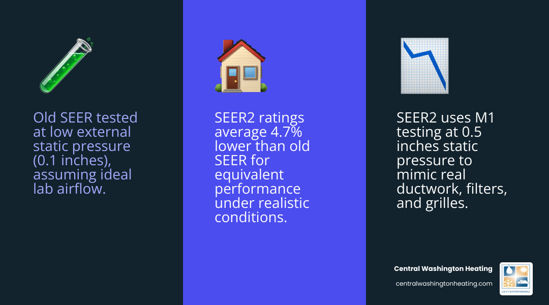 Infographic comparing SEER vs SEER2 testing protocols, efficiency tiers, and regional minimums for Central Washington - what Infographic comparing SEER vs SEER2 testing protocols, efficiency tiers, and regional minimums for Central Washington - what