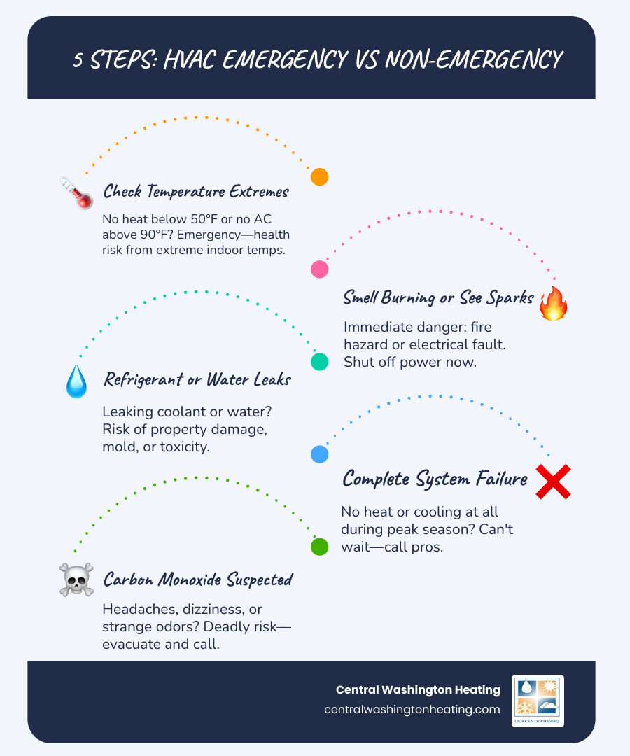 Infographic showing signs of HVAC emergency vs non-emergency with immediate action steps for homeowners - 24 hour emergency Infographic showing signs of HVAC emergency vs non-emergency with immediate action steps for homeowners - 24 hour emergency