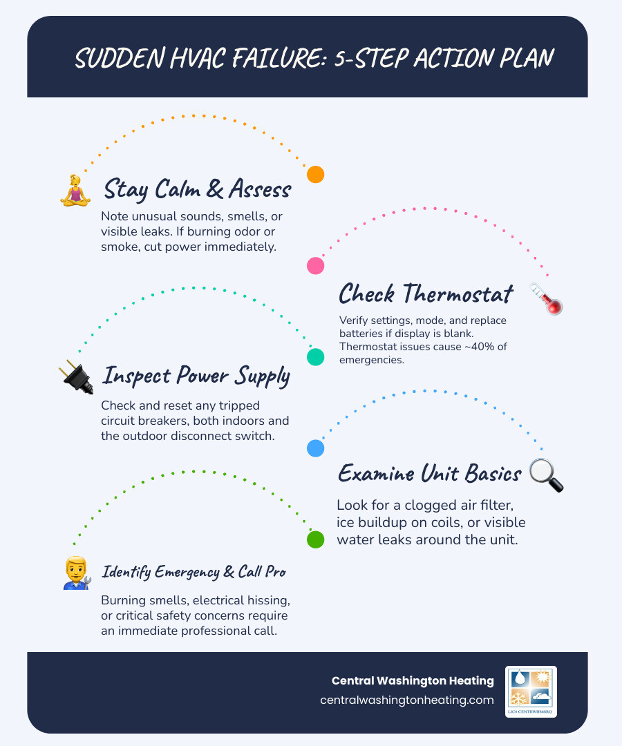 5-step infographic: homeowner response plan for sudden HVAC failure including thermostat check, breaker reset, filter 5-step infographic: homeowner response plan for sudden HVAC failure including thermostat check, breaker reset, filter