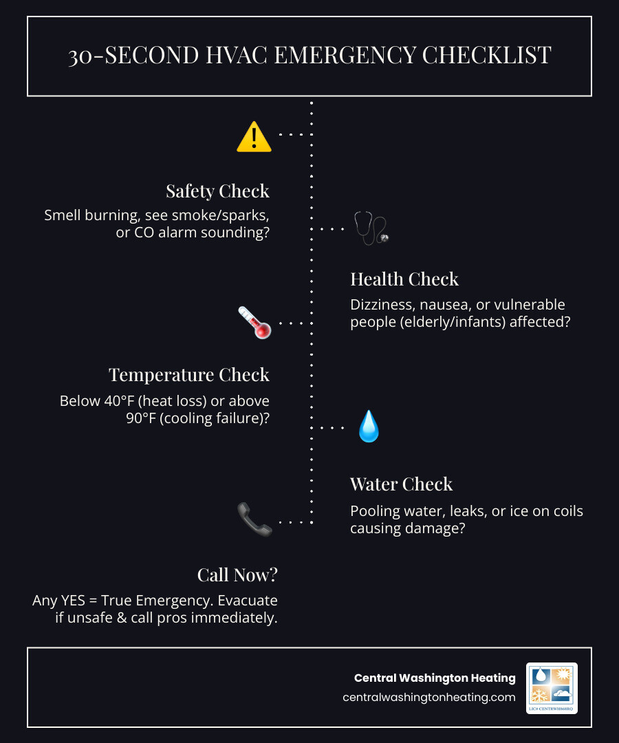infographic showing 30-second HVAC emergency checklist with yes/no decision tree for safety, health, and property risks infographic showing 30-second HVAC emergency checklist with yes/no decision tree for safety, health, and property risks
