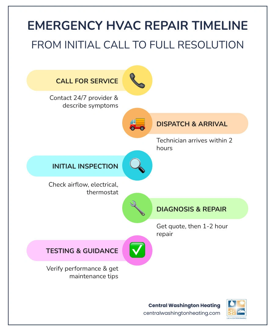 Infographic showing emergency HVAC repair timeline from initial call to post-repair testing - emergency hvac repair what to Infographic showing emergency HVAC repair timeline from initial call to post-repair testing - emergency hvac repair what to