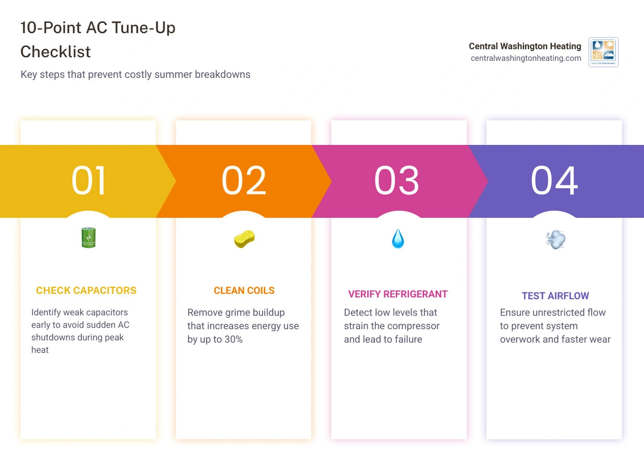 10-point AC tune-up checklist showing inspection steps that prevent summer breakdowns - how an ac tune up prevents costly