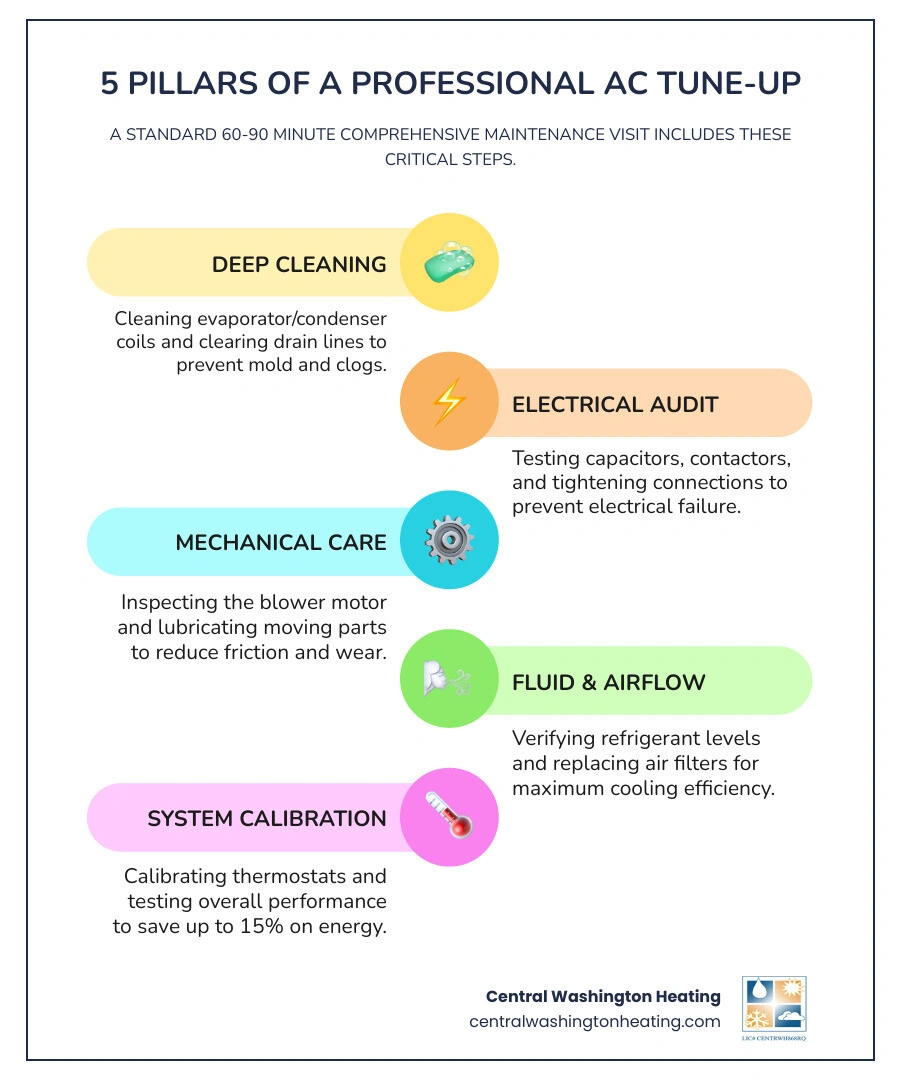 AC tune-up 2026 standard maintenance cycle infographic showing checklist steps and seasonal timing - what does a