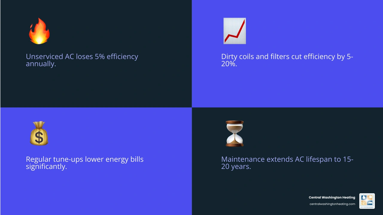 Infographic showing 5% annual efficiency loss of unserviced AC units and tune-up frequency by household type - how often