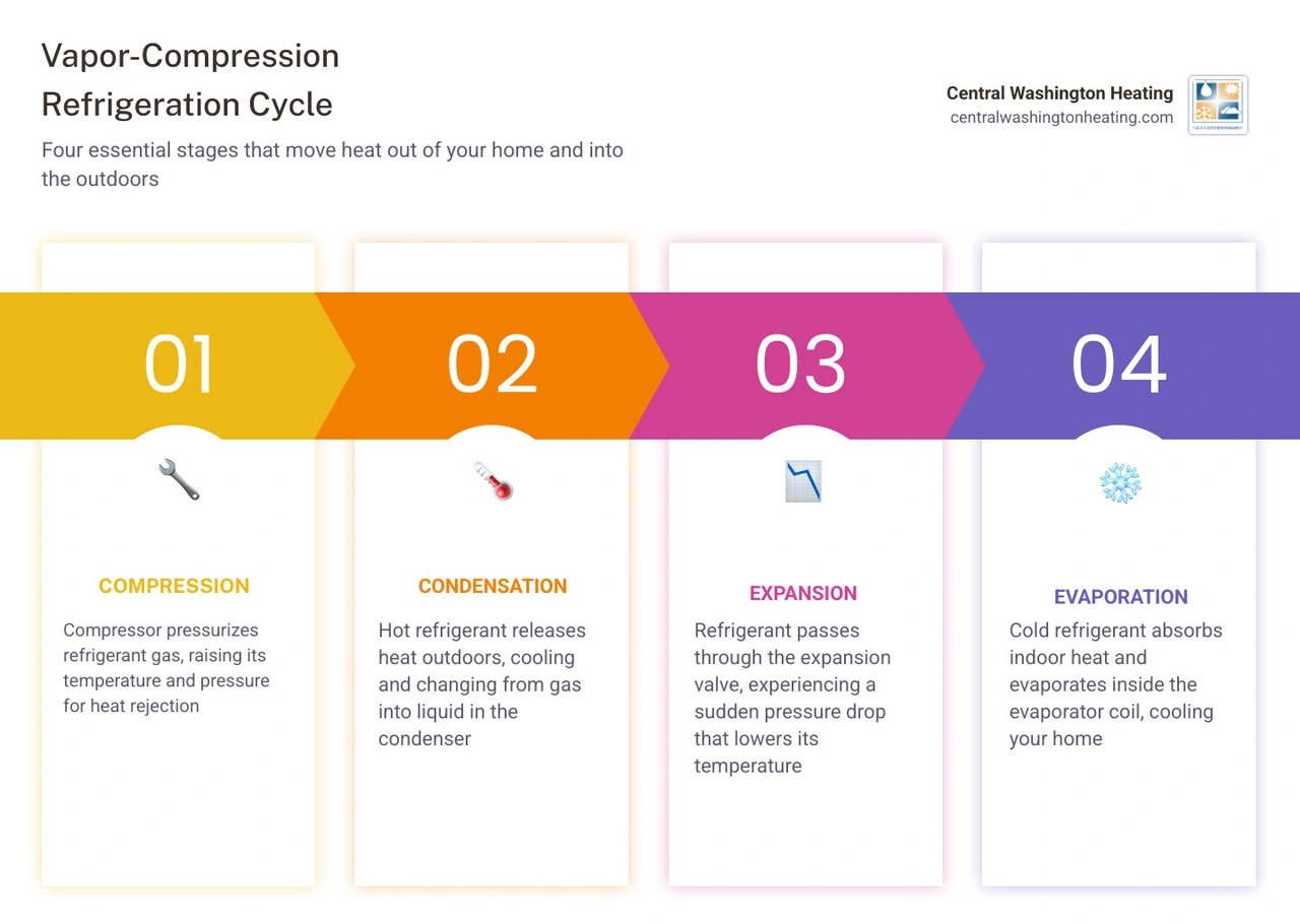 Four stages of the vapor-compression refrigeration cycle: compression, condensation, expansion, evaporation infographic