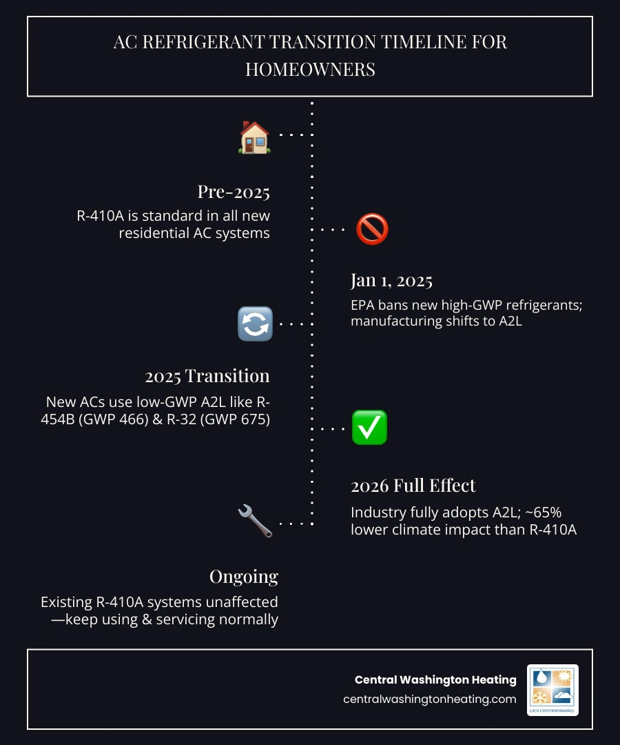 Infographic timeline showing the AC refrigerant transition from R-410A to A2L refrigerants and what it means for homeowners Infographic timeline showing the AC refrigerant transition from R-410A to A2L refrigerants and what it means for homeowners