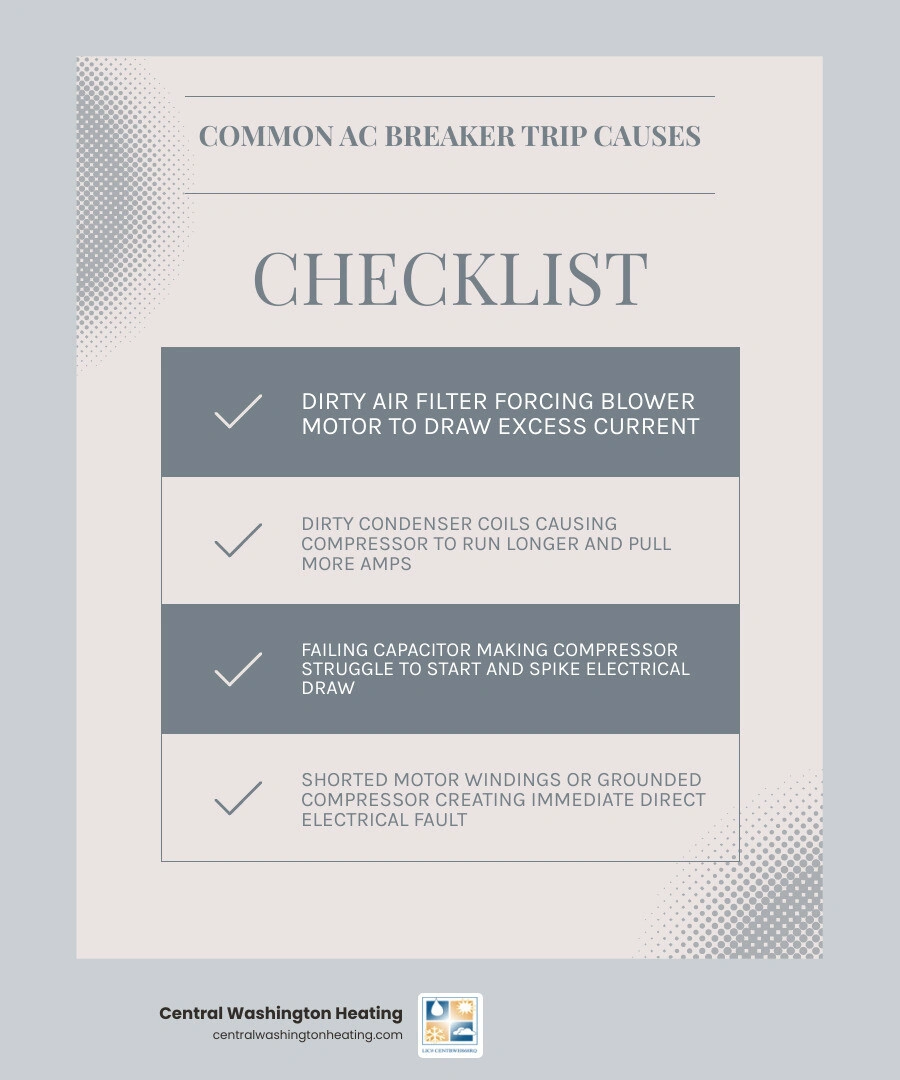 Infographic showing common causes of AC circuit breaker tripping and what each cause means for your system infographic