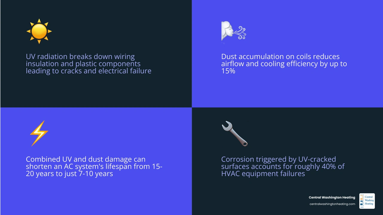 Infographic showing UV and dust damage effects on outdoor AC components including wiring, coils, insulation, and efficiency