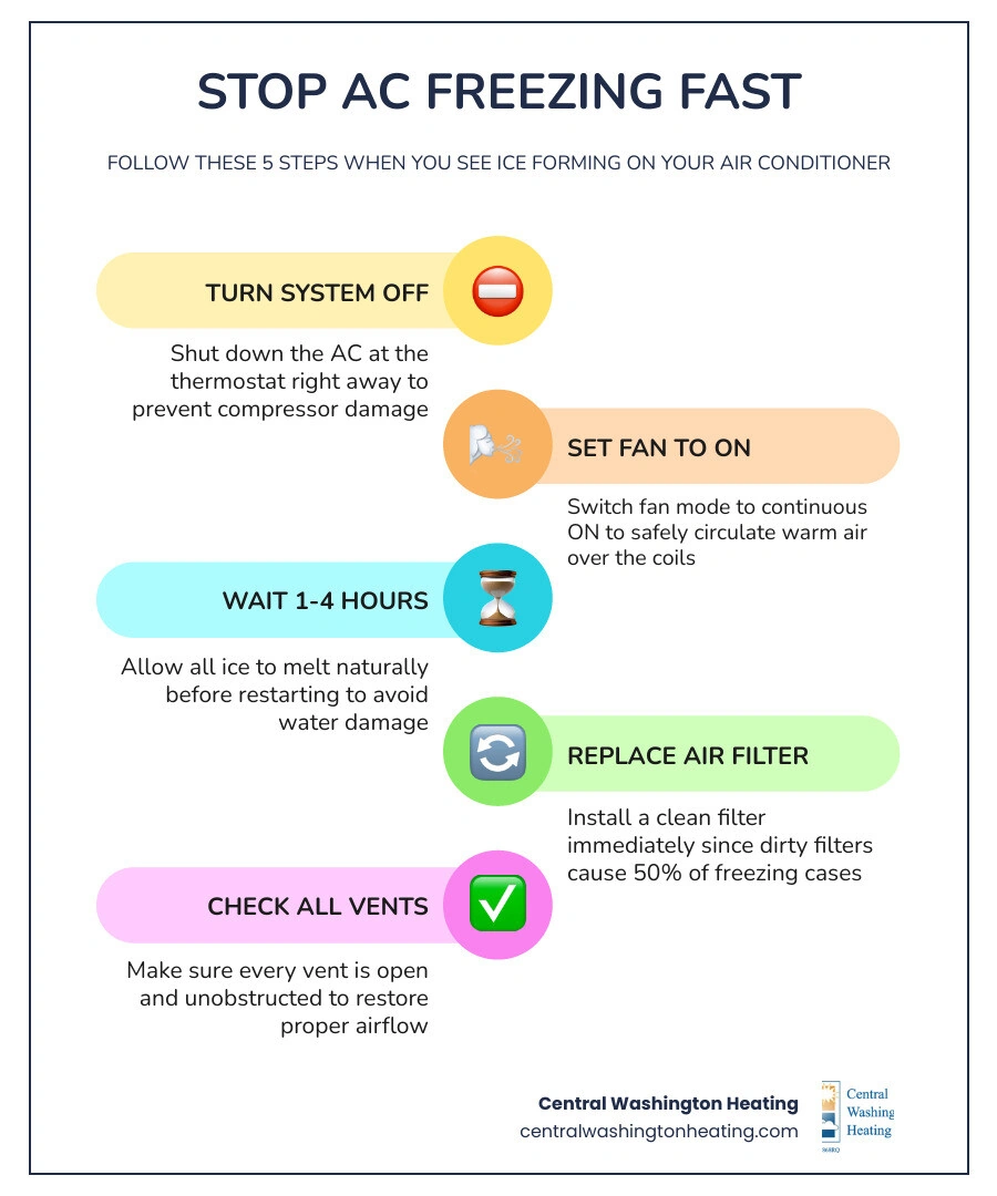 Infographic showing 6 causes of AC freezing and 5 immediate action steps for homeowners infographic
