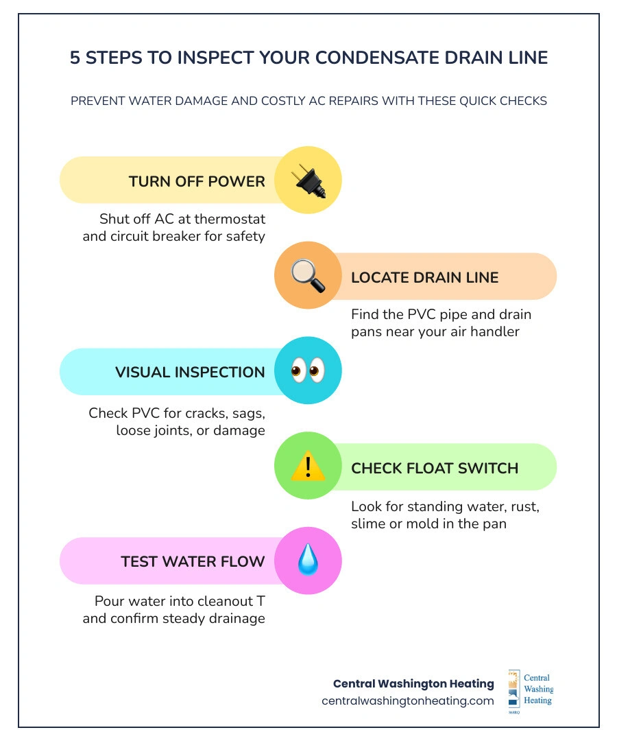Infographic showing AC condensation process, drain pan, PVC drain line, float switch, and 5 inspection steps infographic Infographic showing AC condensation process, drain pan, PVC drain line, float switch, and 5 inspection steps infographic