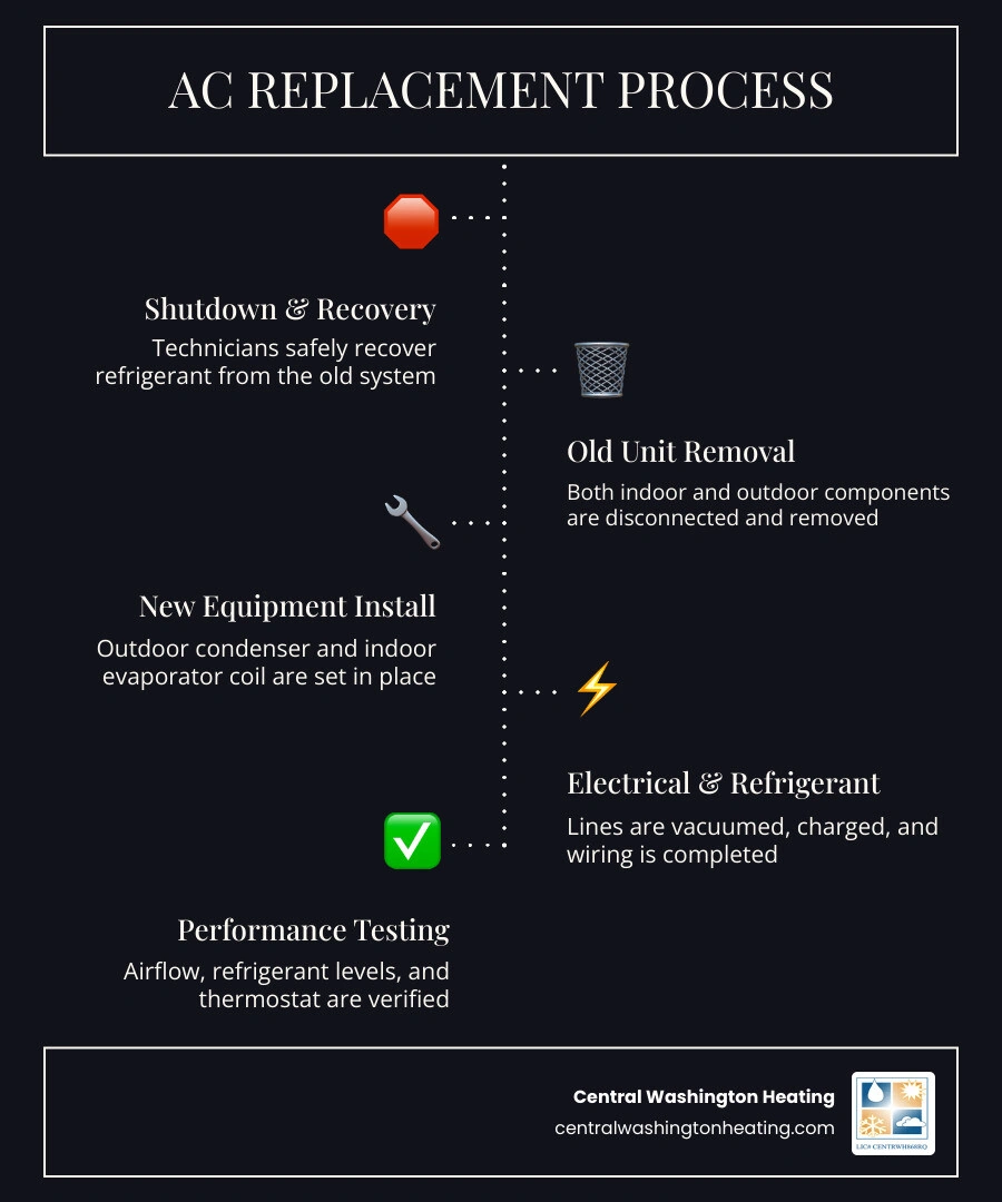AC replacement process timeline infographic showing 4-8 hour steps from removal to testing infographic AC replacement process timeline infographic showing 4-8 hour steps from removal to testing infographic