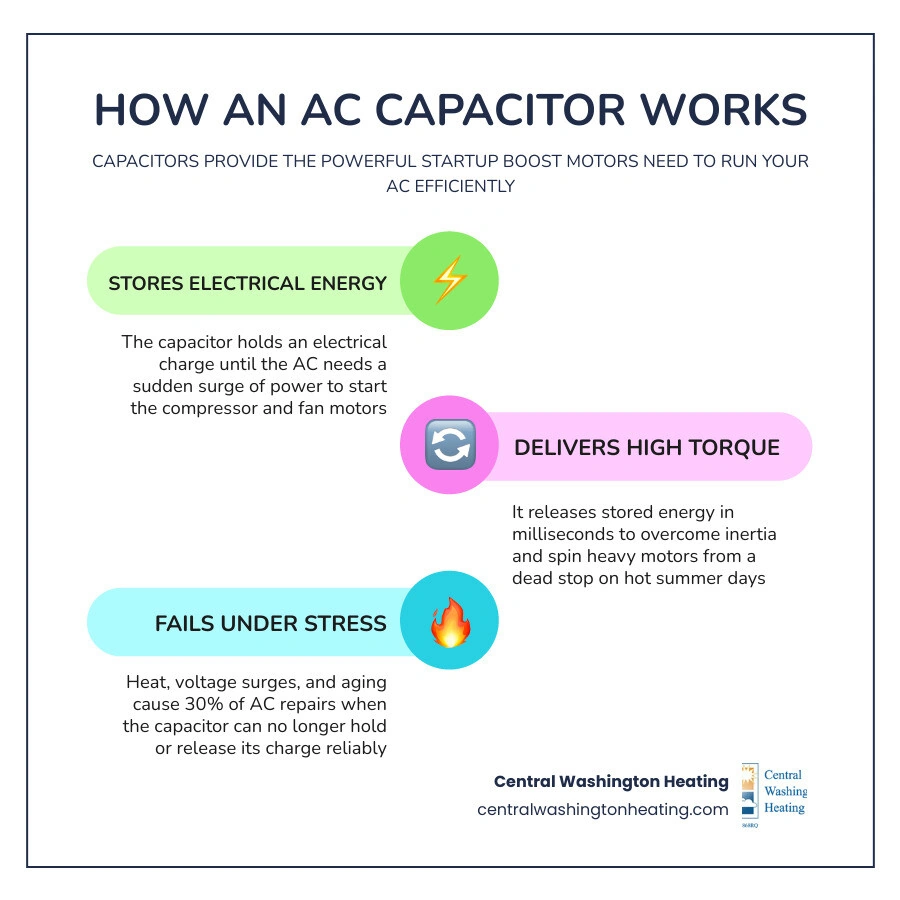 Infographic showing how an AC capacitor works, why it fails, and top warning signs for homeowners infographic Infographic showing how an AC capacitor works, why it fails, and top warning signs for homeowners infographic