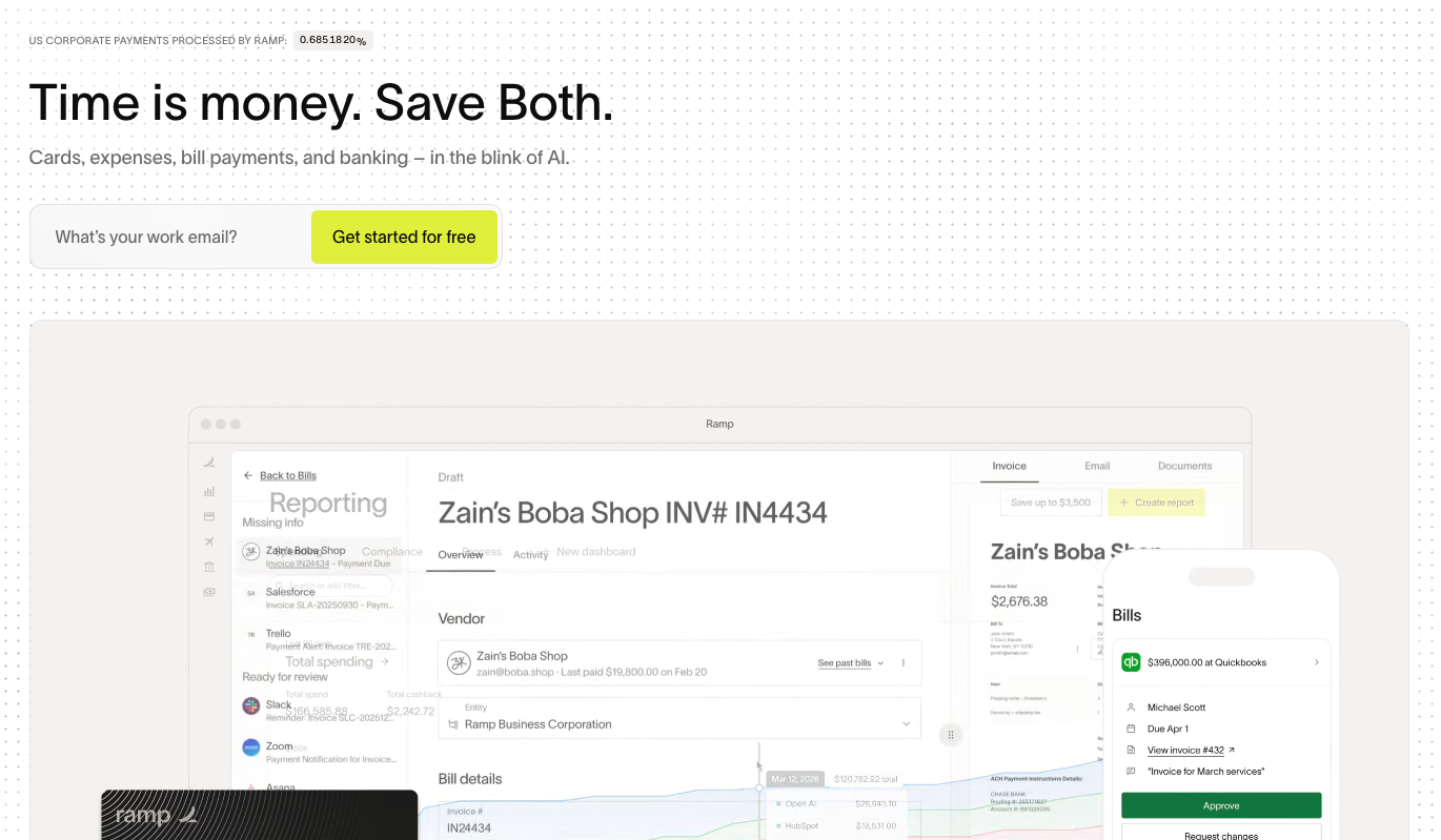Corporate payment platform homepage showing invoice and bill management, with headline 'Time is money. Save Both.' and a free signup form.