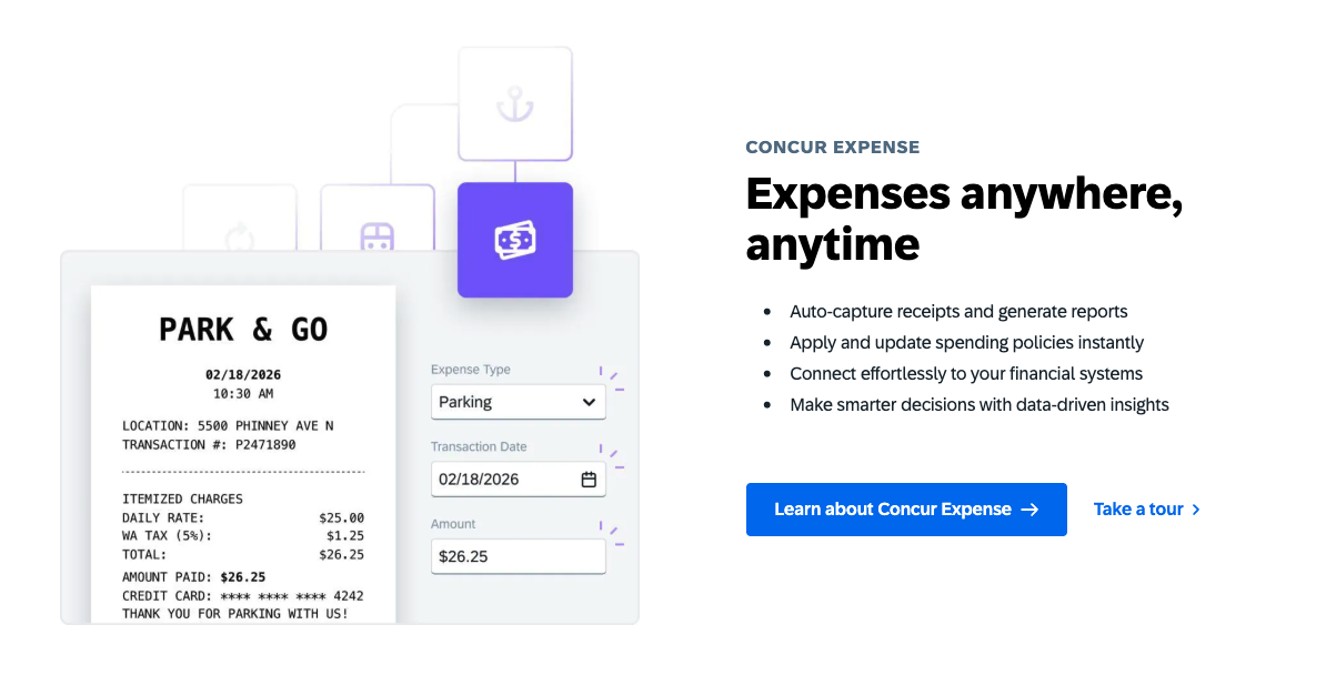 Screenshot of Concur Expense interface showing a parking receipt dated 02/18/2026 with expense type, transaction date, and amount fields filled in.