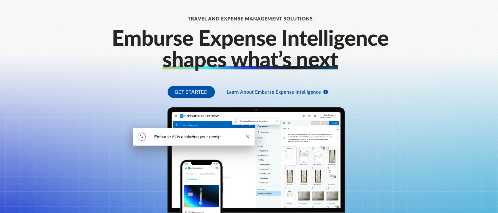 Screen showing Emburse Expense Intelligence with AI analyzing receipt and mobile app interface, under headline about travel and expense management solutions.