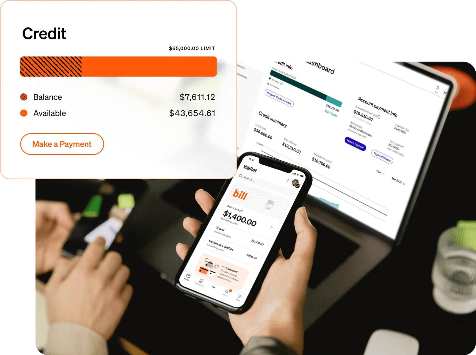 Person holding a smartphone displaying a wallet app with a $1,400 budget and expense categories, alongside a laptop showing credit dashboard and payment info.