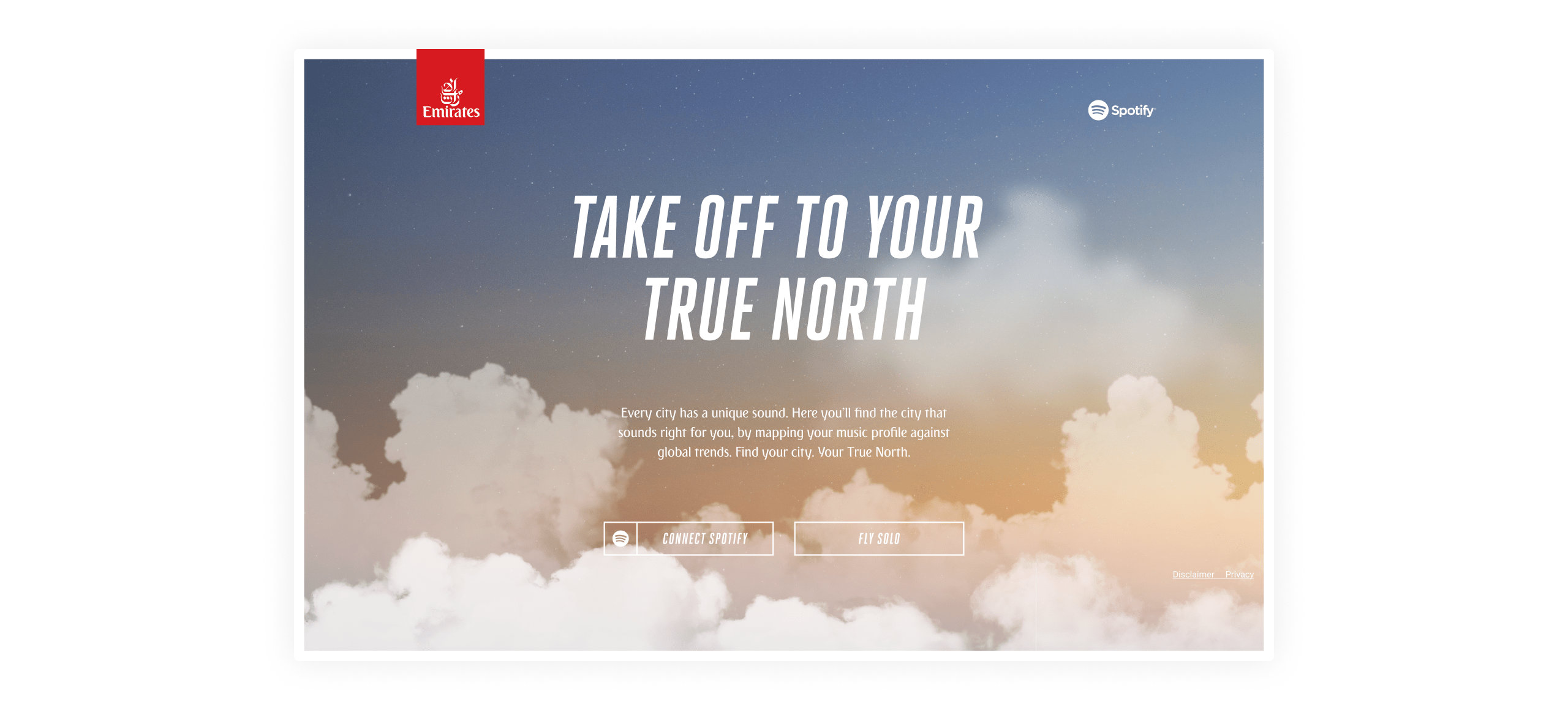 The landing page of the True North experience showing a beautiful view of the sky.