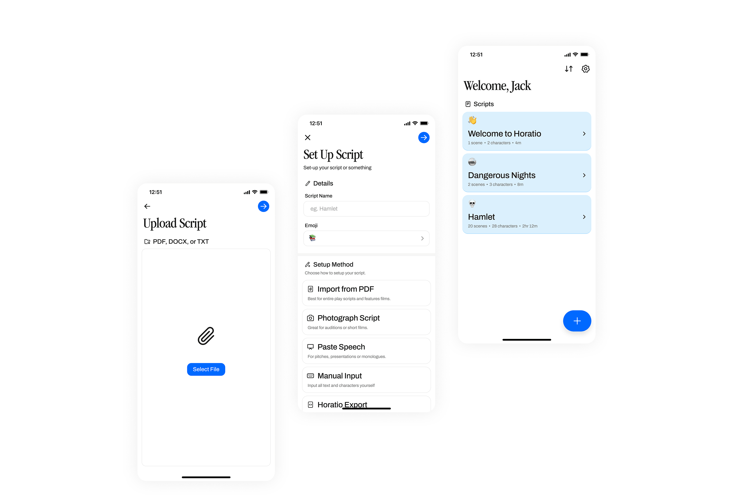 Three screenshots showing the home page, setting up a new script, and uploading a PDF to the app