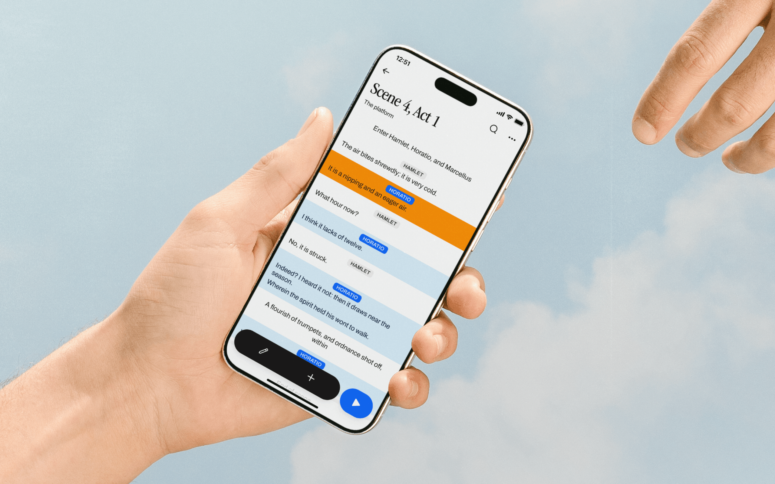 A hand holding up the Horatio iPhone app