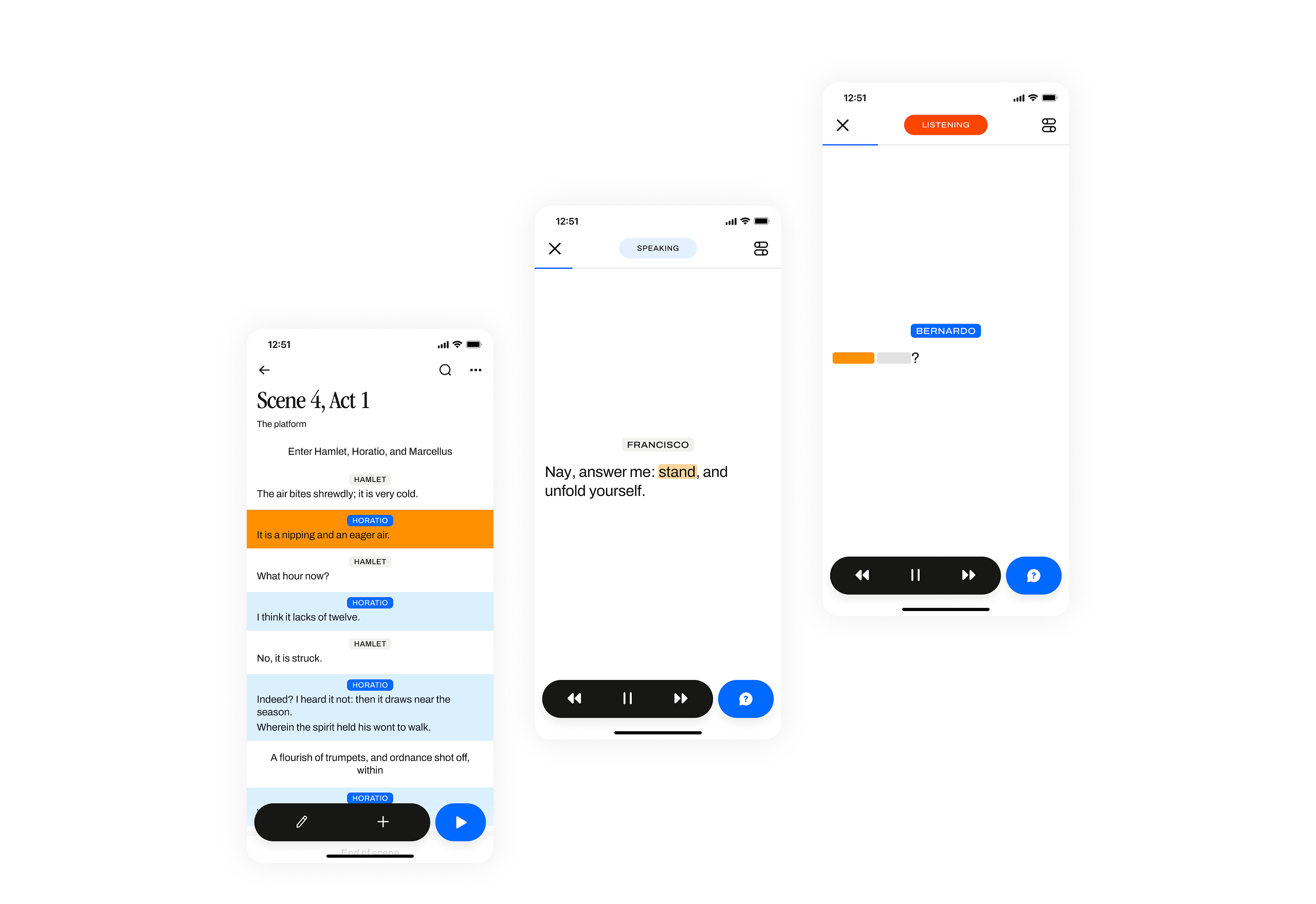 Three screenshots showing a scene, and the app in rehearsal mode.