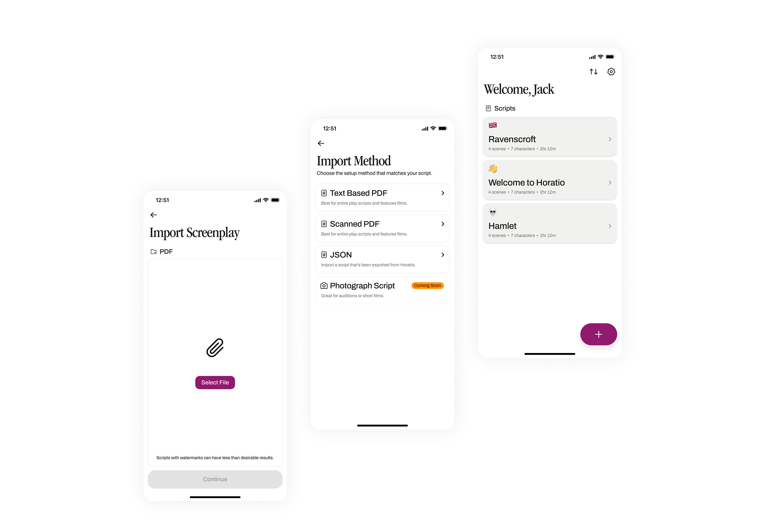 Three screenshots showing the home page, setting up a new script, and uploading a PDF to the app
