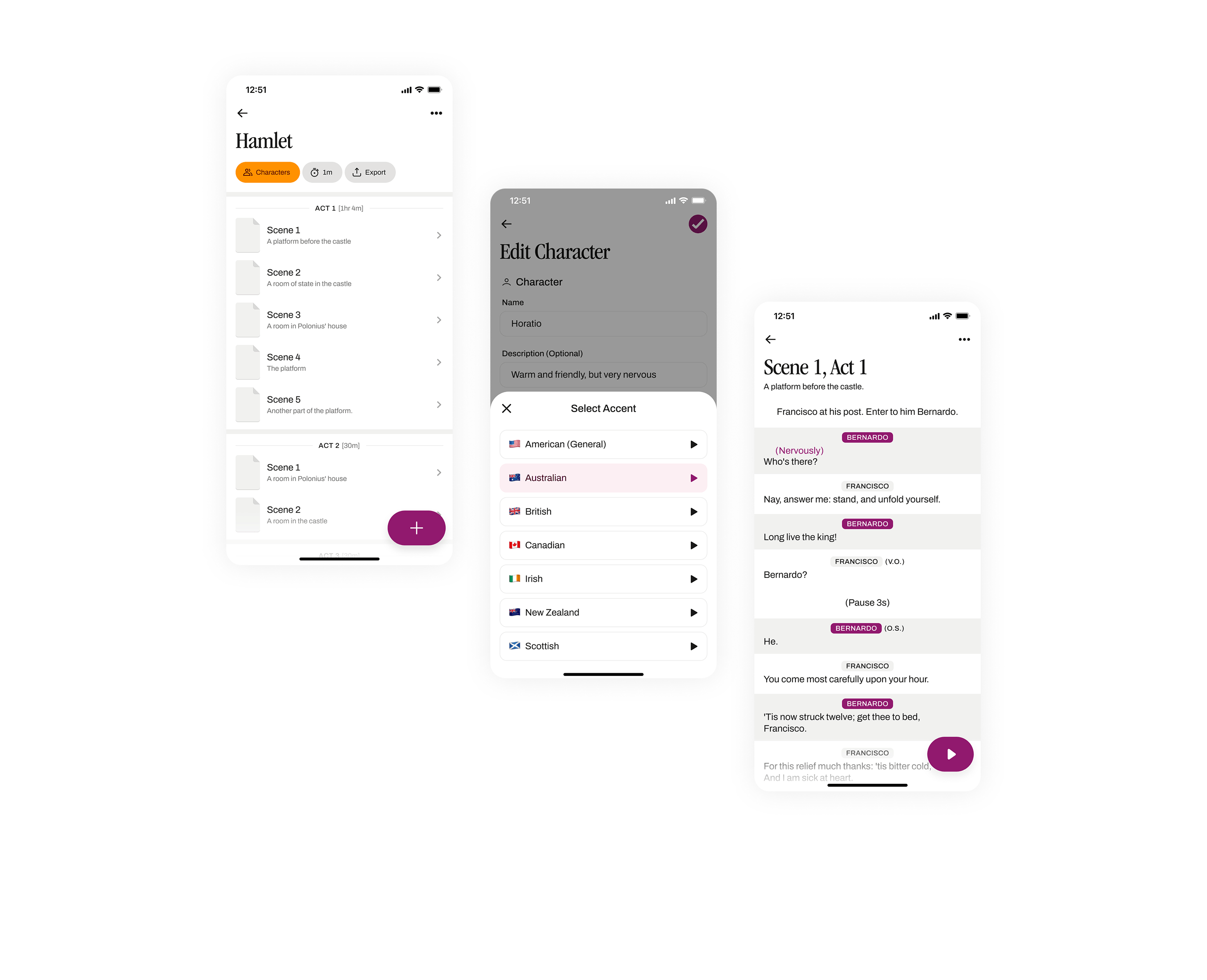 Three screenshots show a script, creating a character, and editing the characters voice