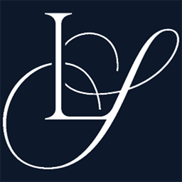 Monogram with intertwined white letters L and F on a dark background.
