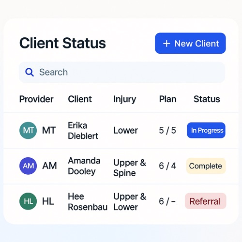 Client status list showing provider, injury, plan progress and status