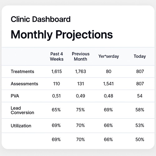 Monthly projections table comparing treatments, assessments, lead conversion and utilization