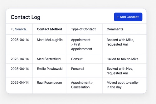 Detailed contact log with contact type and notes