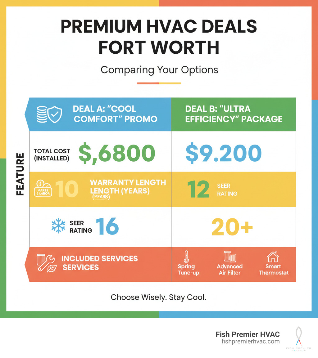 table comparing two sample HVAC deals based on total cost, warranty length, SEER rating, and included services - premium hvac deals fort worth infographic table comparing two sample HVAC deals based on total cost, warranty length, SEER rating, and included services - premium hvac deals fort worth infographic