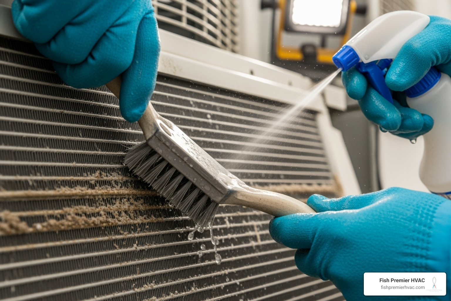 Technician's hands cleaning an AC coil - ac maintenance colonial hills Technician's hands cleaning an AC coil - ac maintenance colonial hills