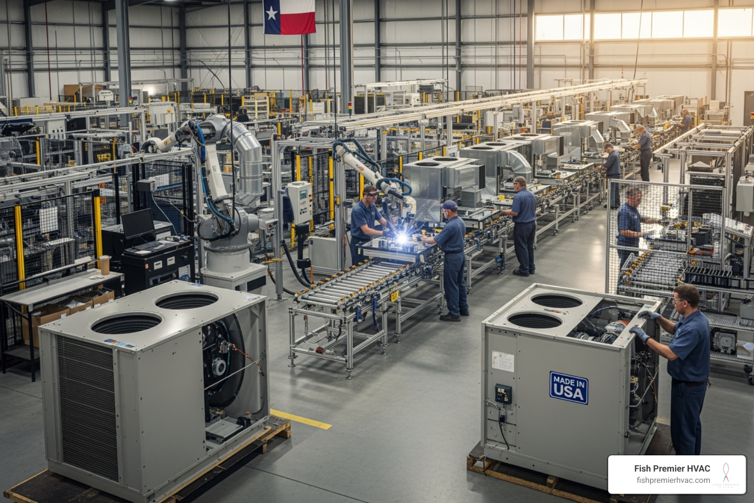 of the Amana factory in Texas with a "Made in USA" emblem overlay - amana hvac keller of the Amana factory in Texas with a "Made in USA" emblem overlay - amana hvac keller