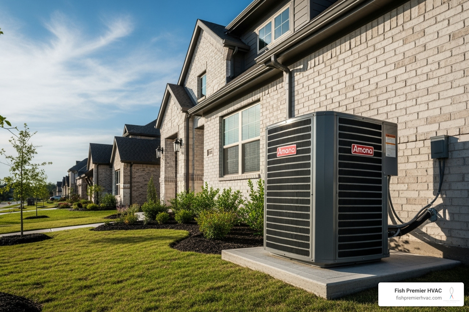 of an Amana air conditioner unit next to a beautiful suburban Keller house - amana hvac keller of an Amana air conditioner unit next to a beautiful suburban Keller house - amana hvac keller