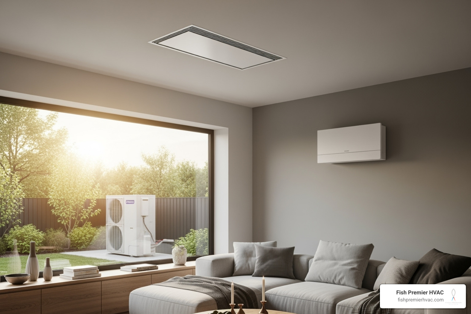 Different types of modern AC units including central air, ductless mini-splits, and heat pumps, set against a backdrop of a comfortable home interior - ac replacement fort worth