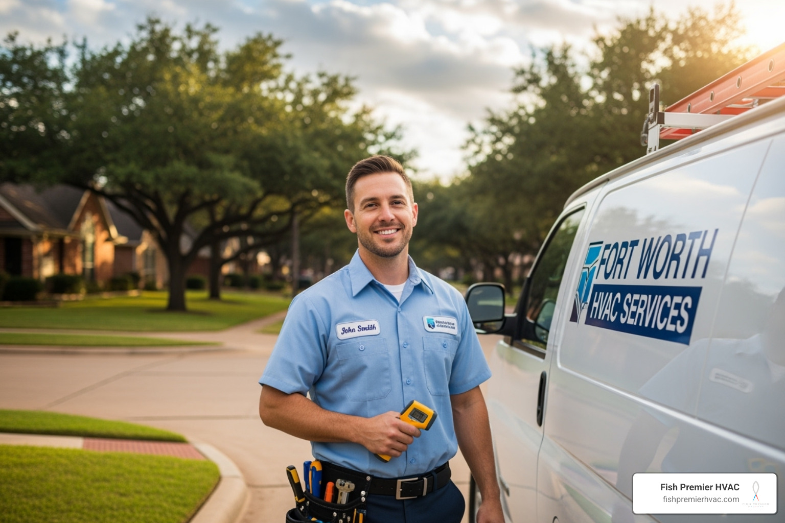 Certified HVAC technician in a company van, parked in a Fort Worth neighborhood, smiling confidently - ac replacement fort worth