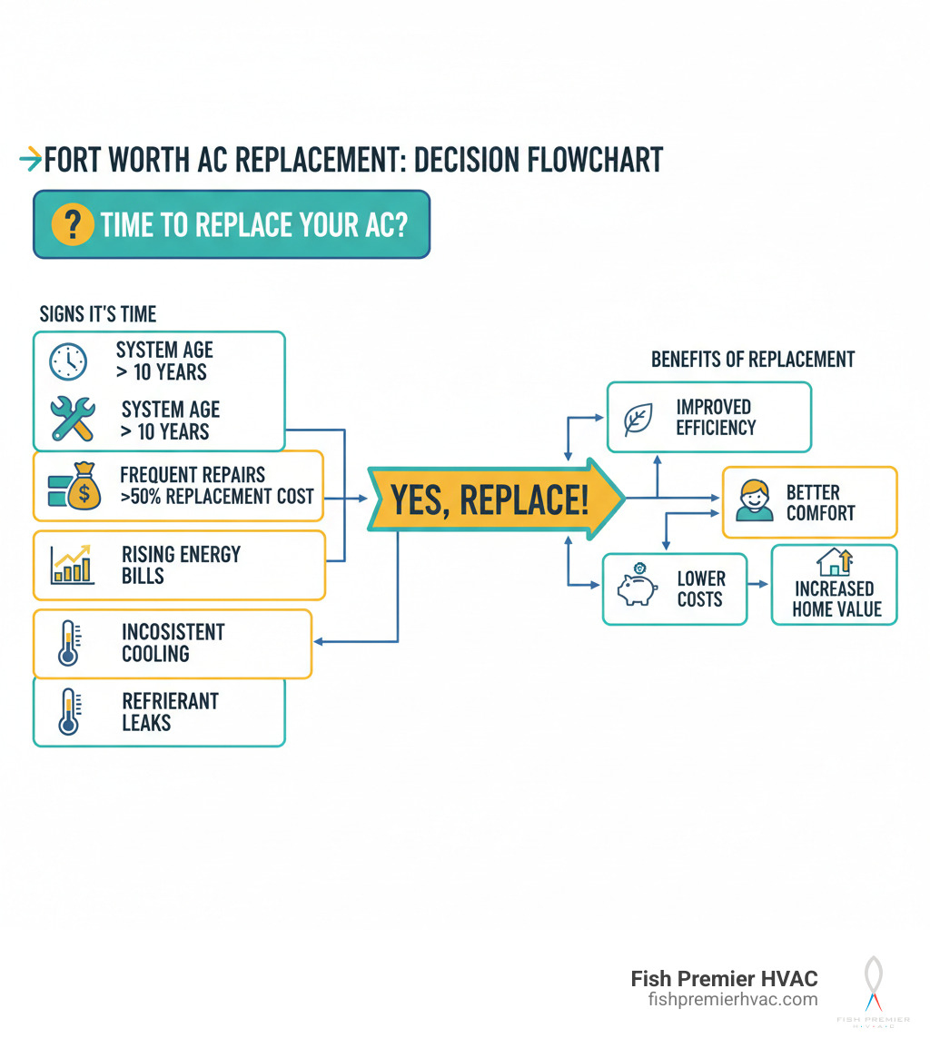 Fort Worth AC replacement decision flowchart showing signs it's time to replace including system age over 10 years, frequent repairs costing more than 50% of replacement value, rising energy bills, inconsistent cooling, and refrigerant leaks, with arrows pointing to benefits of replacement like improved efficiency, better comfort, lower costs, and increased home value - ac replacement fort worth infographic 